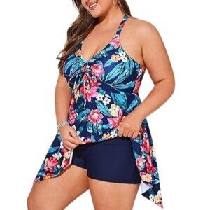 Hanna Nikole 18W One Piece Swim dress attached Shorts Floral Adjustable Straps
